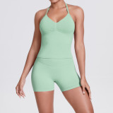 Cross-border seamless knitted solid color backless tank top and shorts yoga outfit set, tight-fitting running and fitness two-piece set