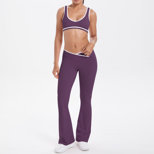 New cross-border double-sided brushed contrasting color tight-fitting breathable cross-over wide-leg yoga outfit for women for sports, running, and fitness