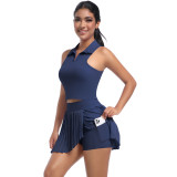 New cross-border solid color lapel vest breathable faux two-piece pleated short skirt set for sports, running, fitness, and yoga