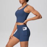 New cross-border brushed solid color breathable tank top with pockets and shorts yoga outfit set for sports, running, and fitness two-piece set