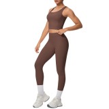 New cross-border double-sided brushed solid color breathable long yoga vest set, two-piece sports running fitness outfit