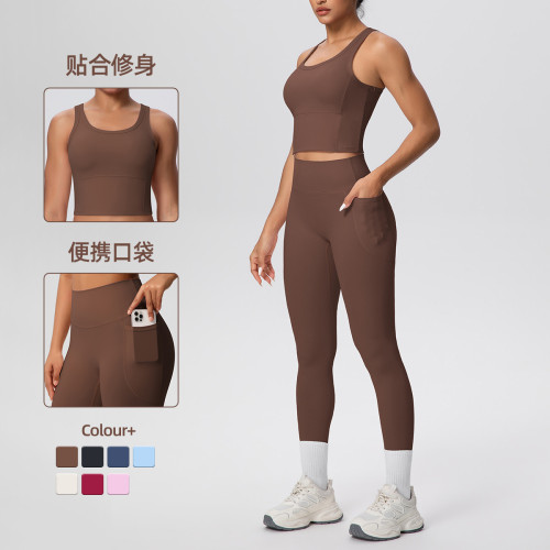 New cross-border double-sided brushed solid color breathable pocket long yoga outfit set for sports, running, and fitness two-piece set