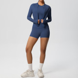 New cross-border breathable tight-fitting brushed long-sleeve jacket fitness yoga outfit solid color three-piece gym sportswear for women