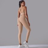 Cross-border European and American new seamless knit solid color backless tight-fitting high-waisted yoga outfit set for running and fitness two-piece set