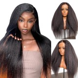 Kinky straight wig for women, black yaki fluffy long hair, real human hair wig