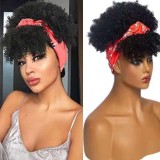 Short African-style women's curly hair with bangs, integrated ice silk headband, synthetic fiber wig