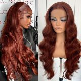 Cross-border wigs for European and American women, lace front human hair wigs 33#Reddish-brown middle-parted long curly hair with big waves