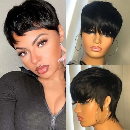 100% Human Hair Short Cut Curly Wig Pixie Bob