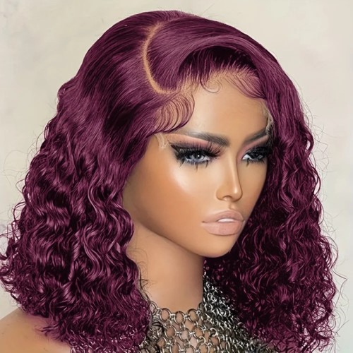 12A Burgundy Human Hair curly 99j Red 13*4 Frontal Lace Bob