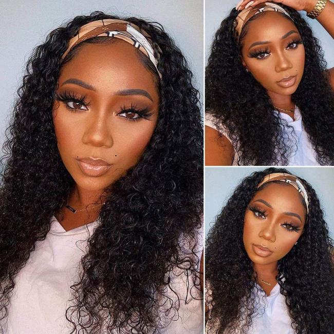 European and American women's headscarf wig, black ice silk headband wig, deep long straight hair made of real human hair