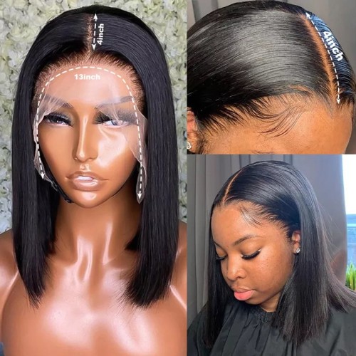 13*4 lace front human hair wig, bob style, popular cross-border human hair wig, bone straight, heat-resistant