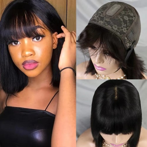 Short Bob Wig With Bangs Brazilian Remy Human Hair Wigs 1x3