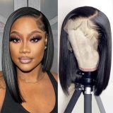 Wig made of real human hair, T-part lace front, side-parted straight bob, foreign trade cross-border wholesale short hair