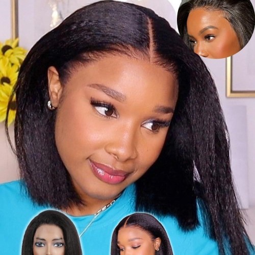 European and American wigs made of real human hair, 13x4 front lace kinky straight bob wig, foreign trade short hair
