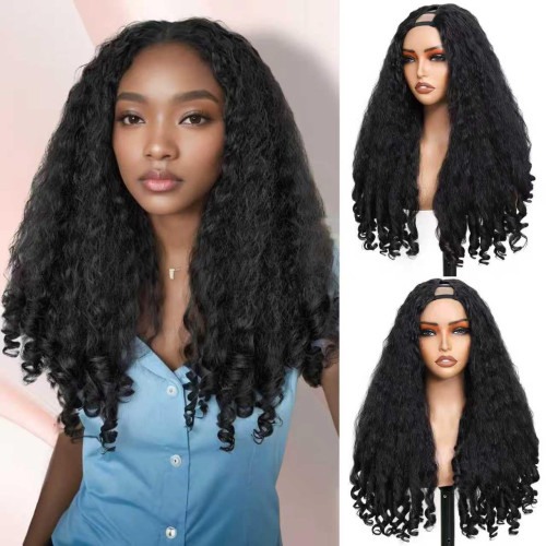 Direct from the manufacturer, synthetic fiber screw curl wig, V-part, black, voluminous, middle parting, Kinky Straight
