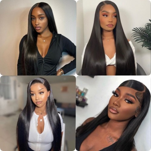 Best-selling in Europe and America, high-volume black long straight human hair lace front wig, Xuchang black natural color, large stock available