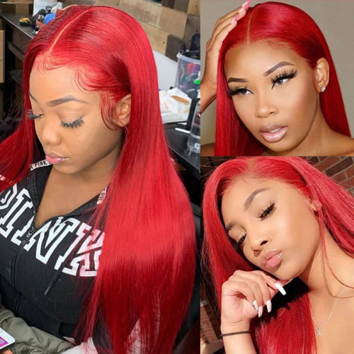 13x4 RED straight hair lace front wig, lace front human hair wigs, European and American cross-border