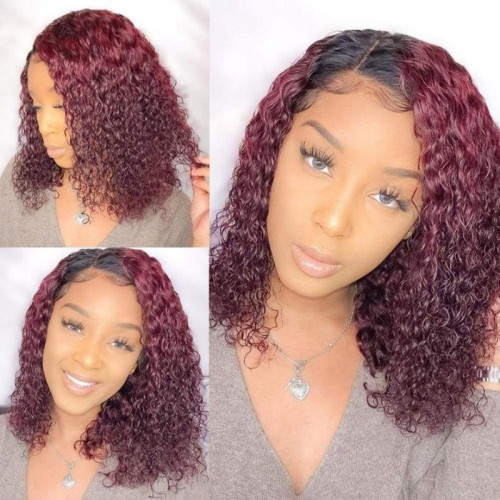 12A Human Hair 1B/99j Red Curly Bob 13*4 Lace 200% Density