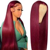 13*4 99J# Cross-border European and American real human hair wigs, burgundy long straight hair wholesale, all real hair wigs