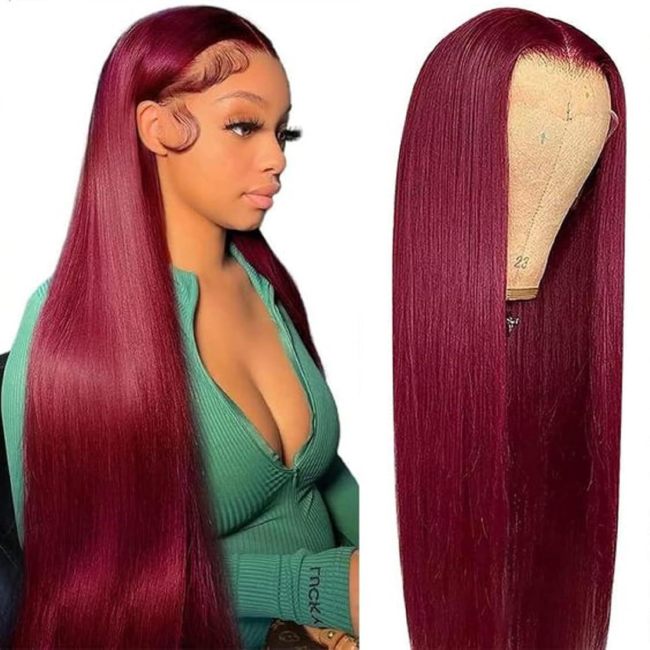 13*4 99J# Cross-border European and American real human hair wigs, burgundy long straight hair wholesale, all real hair wigs