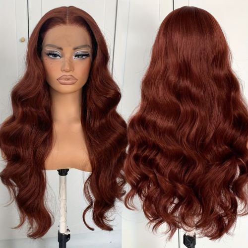 Cross-border wigs for European and American women, lace front human hair wigs 33#Reddish-brown middle-parted long curly hair with big waves