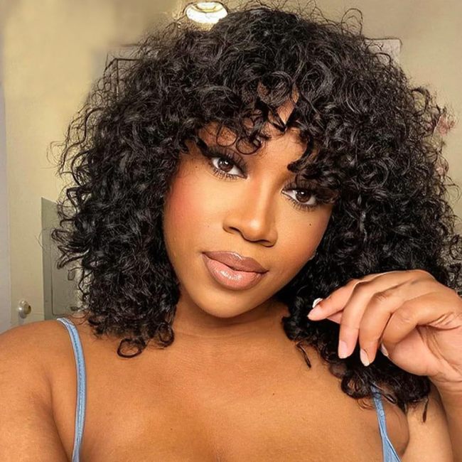 European and American wigs made of real human hair for women, with bangs, machine-made kinky curly bob wig, foreign trade curly hair