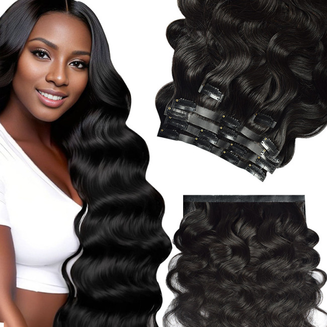 In-stock real human hair wigs, PU clip-in hair extensions for women, seamless clip-ins, human hair, foreign trade wigs