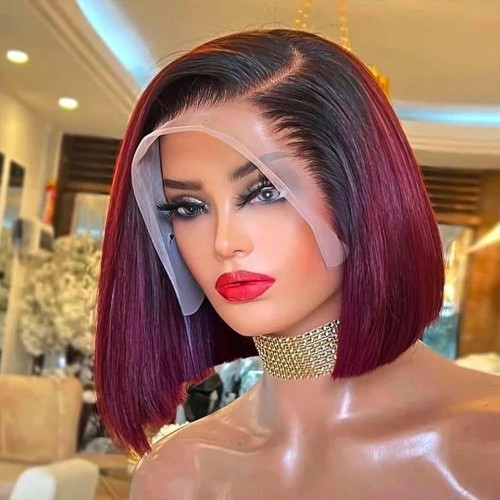 13*4 bob wig made of real human hair, brown and burgundy color