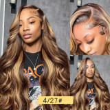 13*4 Body Wave Front Lace Human Hair Wig, Piano Color Highlights, Long Curly Hair, European and American style humanhair