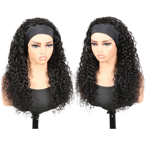 Cross-border European and American women's headscarf wig, black ice silk headband wig with real human hair