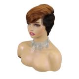 Indian Human Hair Pixie Short Cut Wig Bangs 99J Brown