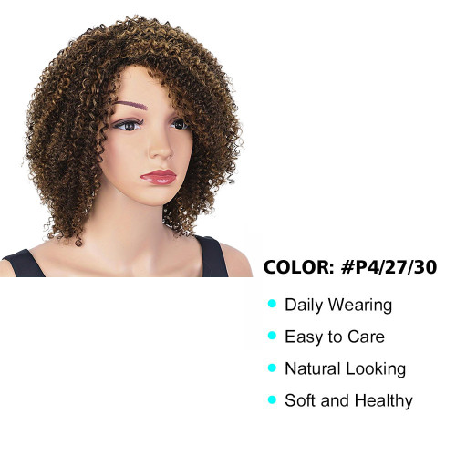 afrokinkycurly4/27 wig made of real human hair, side-parted cap, real human hair strands, can be permed and dyed, with straight bangs