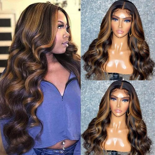 Wig made of real human hair, 4x4 front lace, bleached and dyed 1B30 body wave, fashionable headpiece, cross-border wholesale
