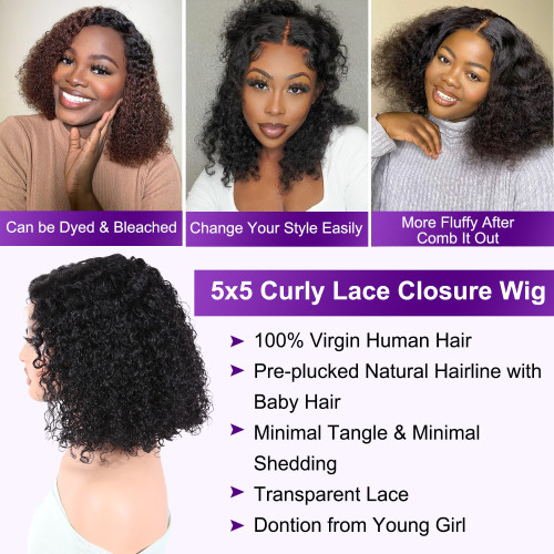 Real human hair Kinky Curly BOB Wig Human Hair 5x5 Lace Closure Cross-border 5x5 Wig