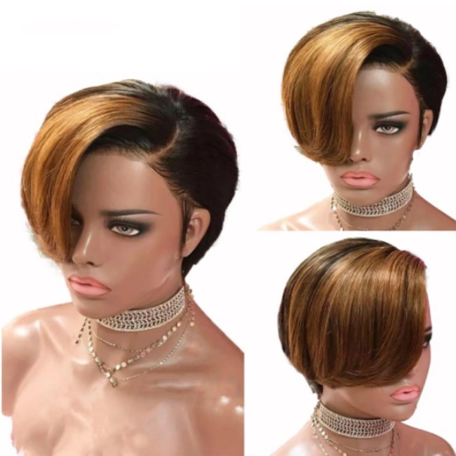 12A Pixie Short Cut 1B/30 Brown 13*4 Frontal Human Hair Wig