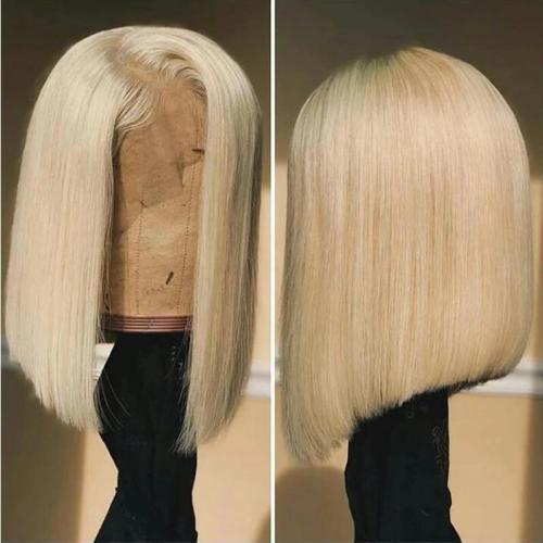 613 Blonde wig Human Hair Bob Lace Frontal Wig Short Straight Hair in Platinum Blonde