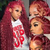 99j deep wave human hair wig, cross-border hot-selling front lace human hair wig in burgundy color