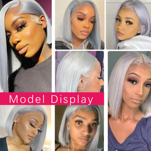 Wigs short straight hair middle-parted bob style short wig, manufacturer's stock, cross-border, silver gray, real hair