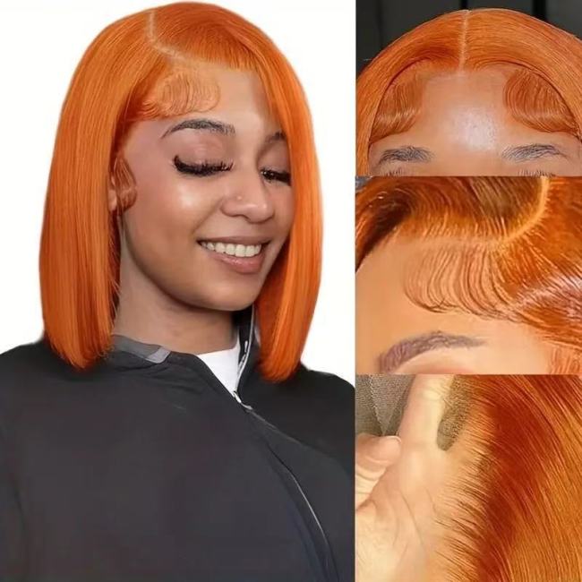 European and American fashion orange wig, bobo style with middle-parted bangs, African lace front wig