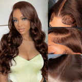 13*4 4# Body wig, European and American style, brown, large waves, real human hair wig