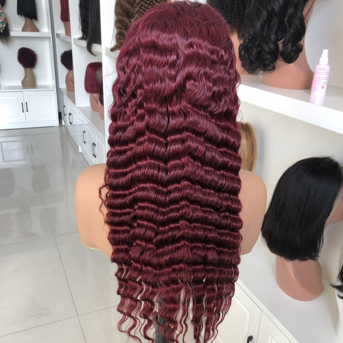 13*4 lace frontal 99J deep wave real human hair wig headpiece cross-border wholesale burgundy
