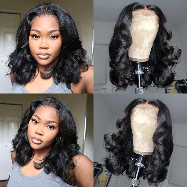 European and American wigs made of real human hair, 4x4 lace front, middle-parted body bob, pre-curled wig, foreign trade cross-border wholesale