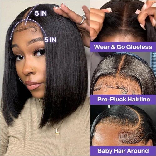5x5 Lace Closure Straight Bob Wigs European and American Style Human Hair Women's Wig for Export