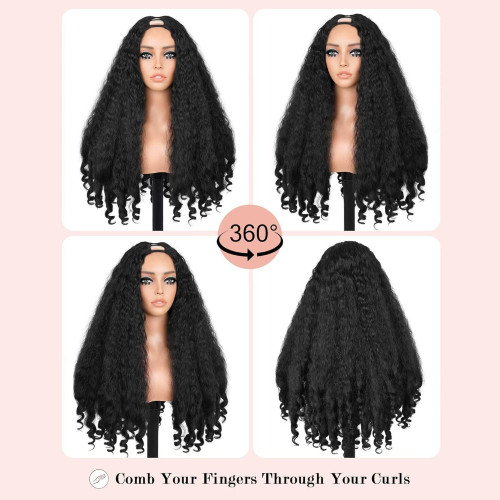 Direct from the manufacturer, synthetic fiber screw curl wig, V-part, black, voluminous, middle parting, Kinky Straight