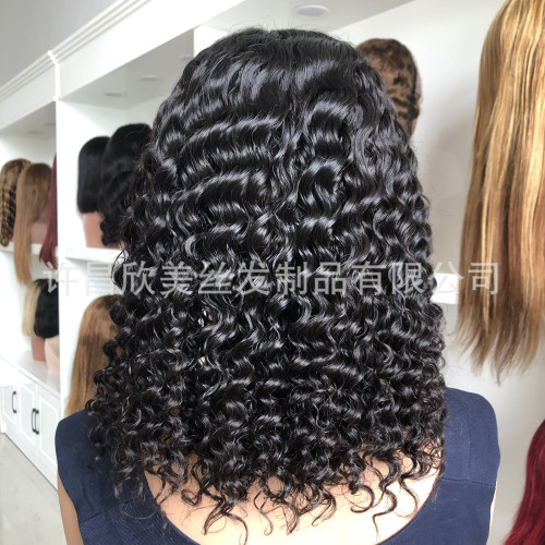 Cross-border glue-free wig made of real human hair, natural color, middle parting, African and European/American women's curly hair