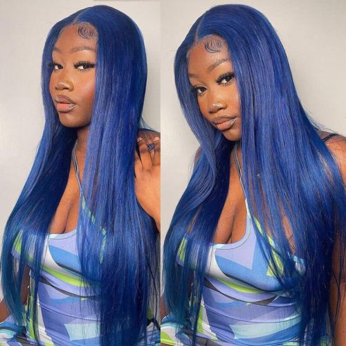 European and American real human hair wigs, full head set, blue long straight hair, in stock, dyed, personalized blue real human hair