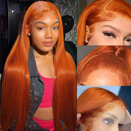 European and American fashion orange wig, 200% density, best-selling 13*4 lace front straight hair full head wig