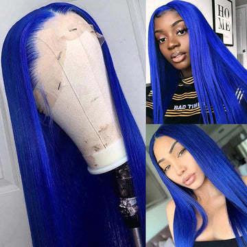 European and American real human hair wigs, full head set, blue long straight hair, in stock, dyed, personalized blue real human hair
