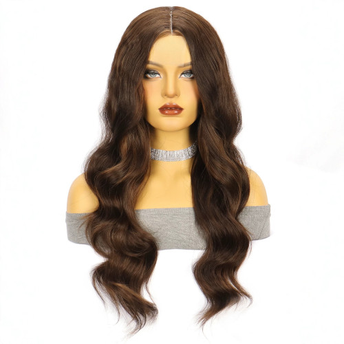 Front lace medium-length hand-woven synthetic fiber wig with small lace, piano color, large waves, women's wig