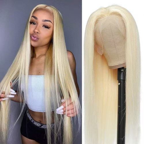 Foreign trade wig European and American 13*4 hand-woven front lace human hair wig 613#Middle-parted long straight hair, direct from the manufacturer